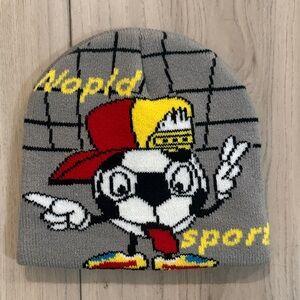 Gray Beanie with Cartoon Design